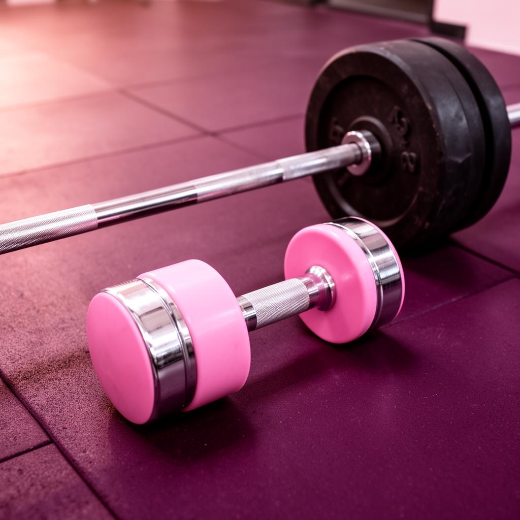 Pink and chrome dumbbells with a loaded barbell on a plum gym floor